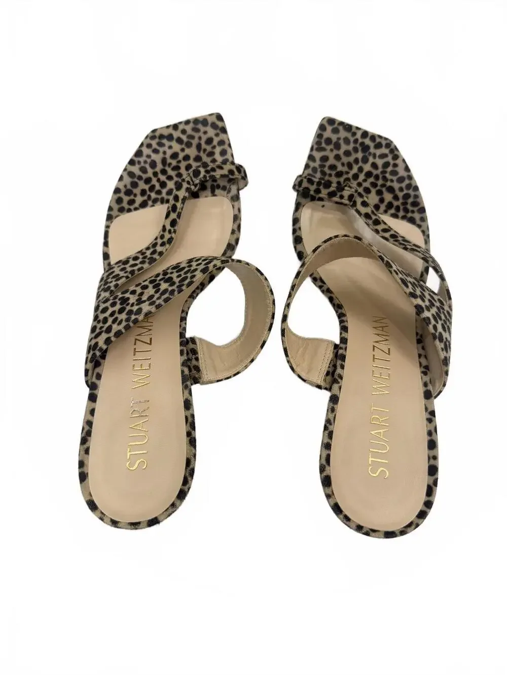 Stuart Weitzman Lyla 75 Cheetah Calf Hair Asymmetric Toe Loop Sandal Mules 7.5